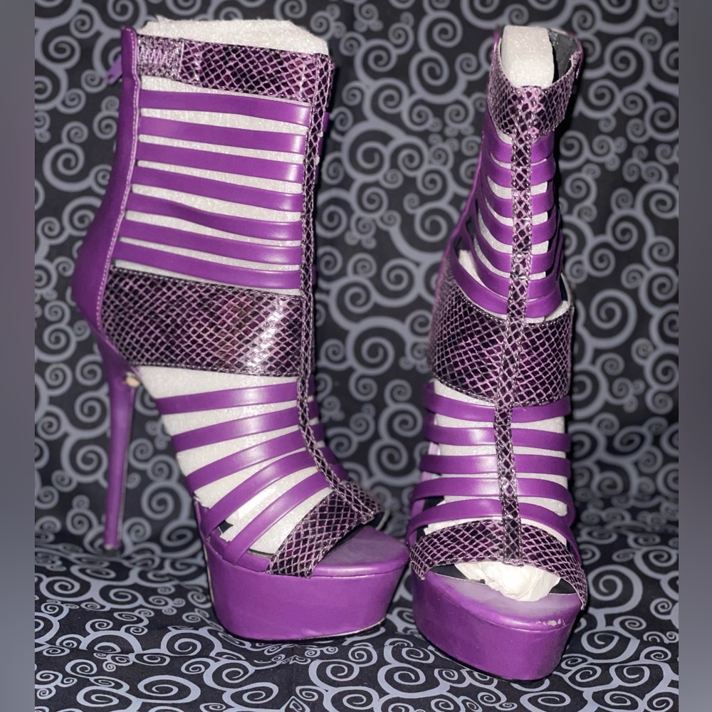 Strappy Purple Peep Toe Boots